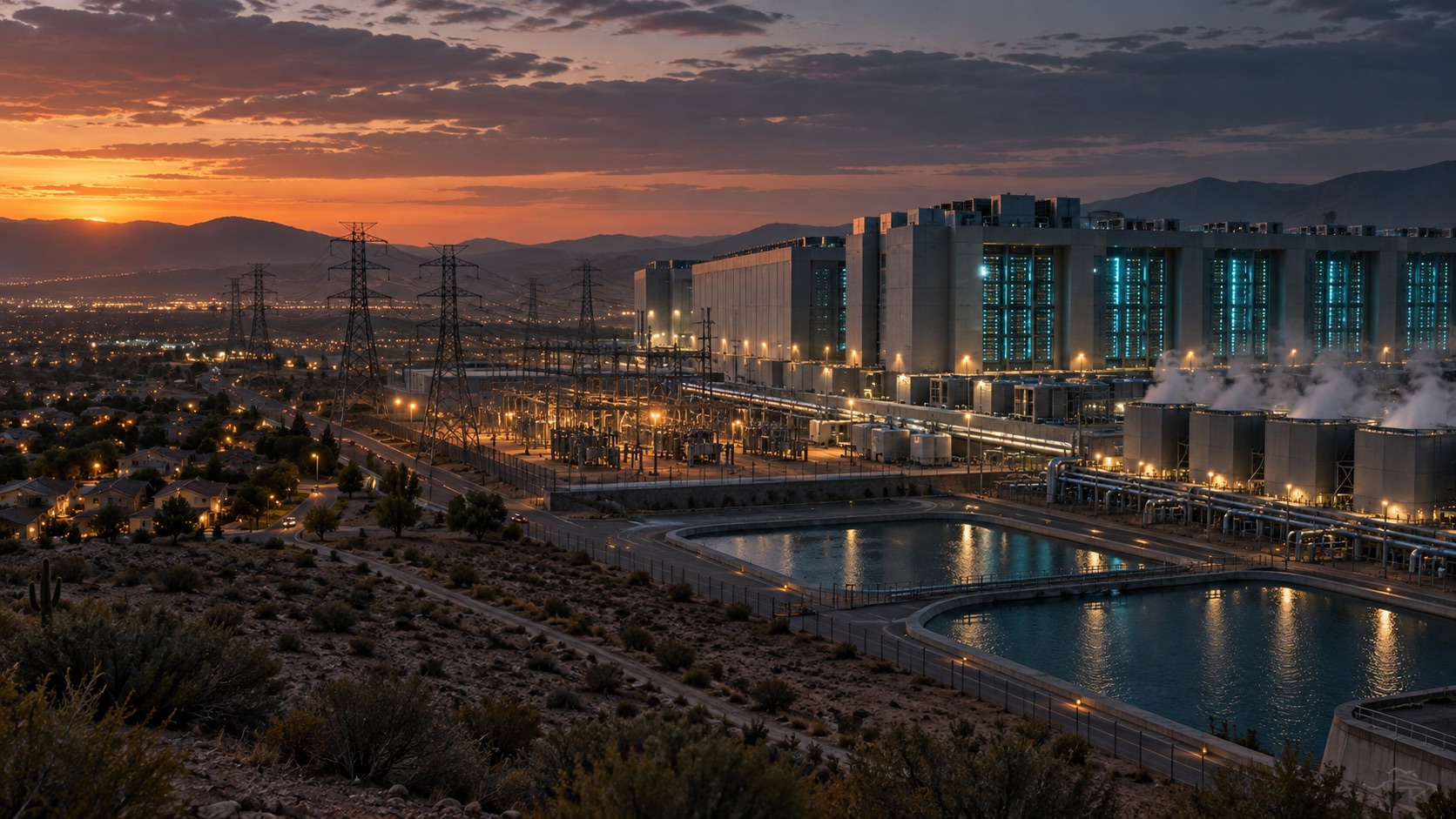 Large data center campus with power substations, cooling water, and nearby homes at dusk.