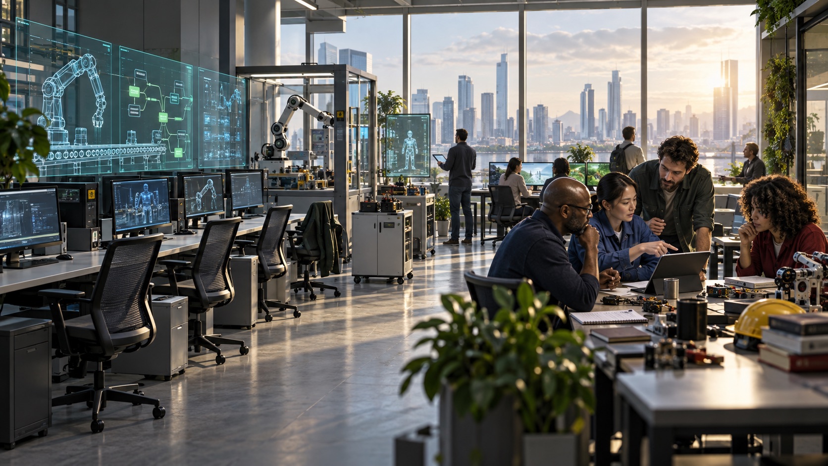 Workers in an AI training and robotics lab reviewing tools and automated workflow screens.