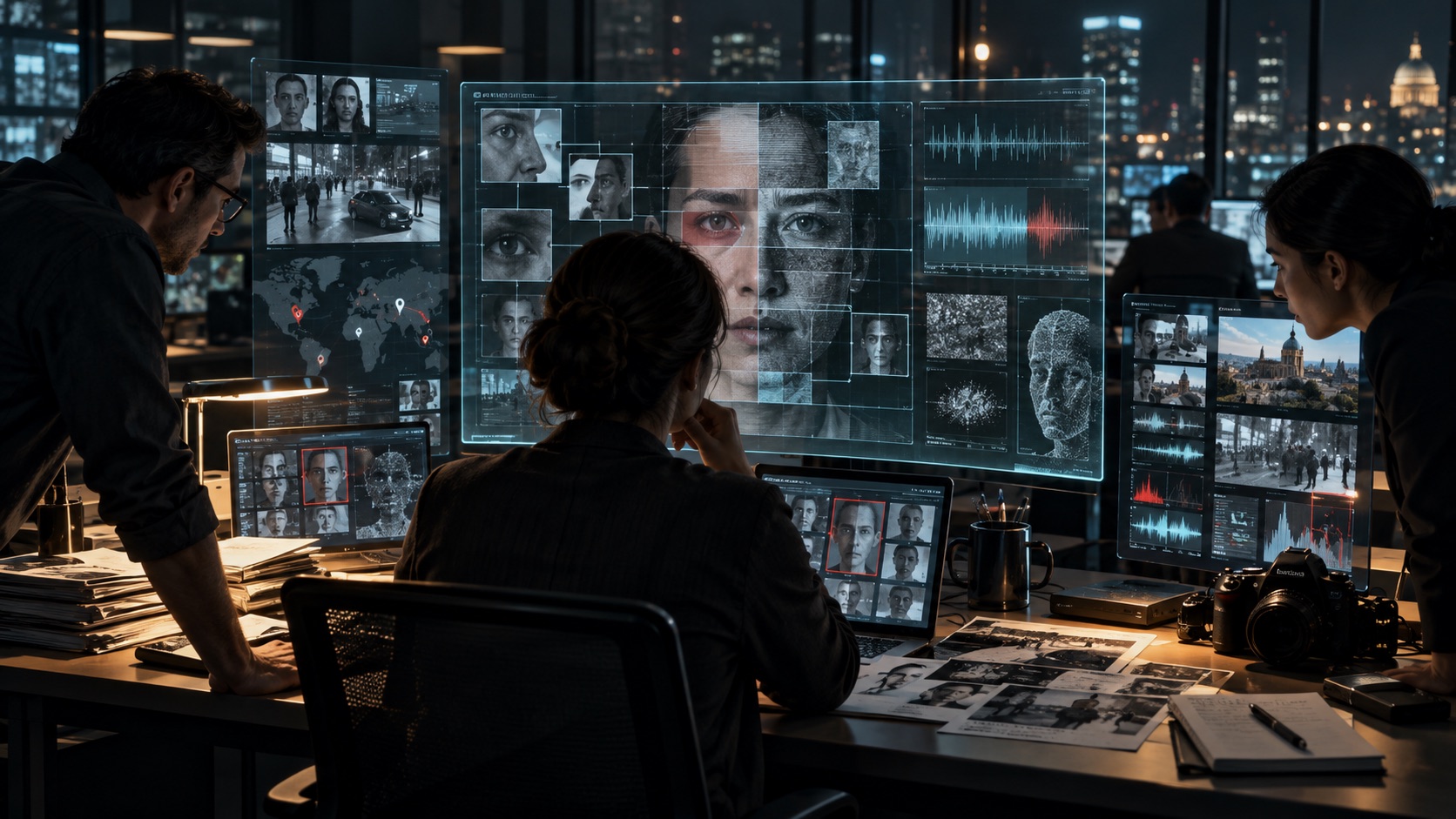 Investigators checking synthetic media, faces, waveforms, and provenance data in a newsroom-like verification lab.
