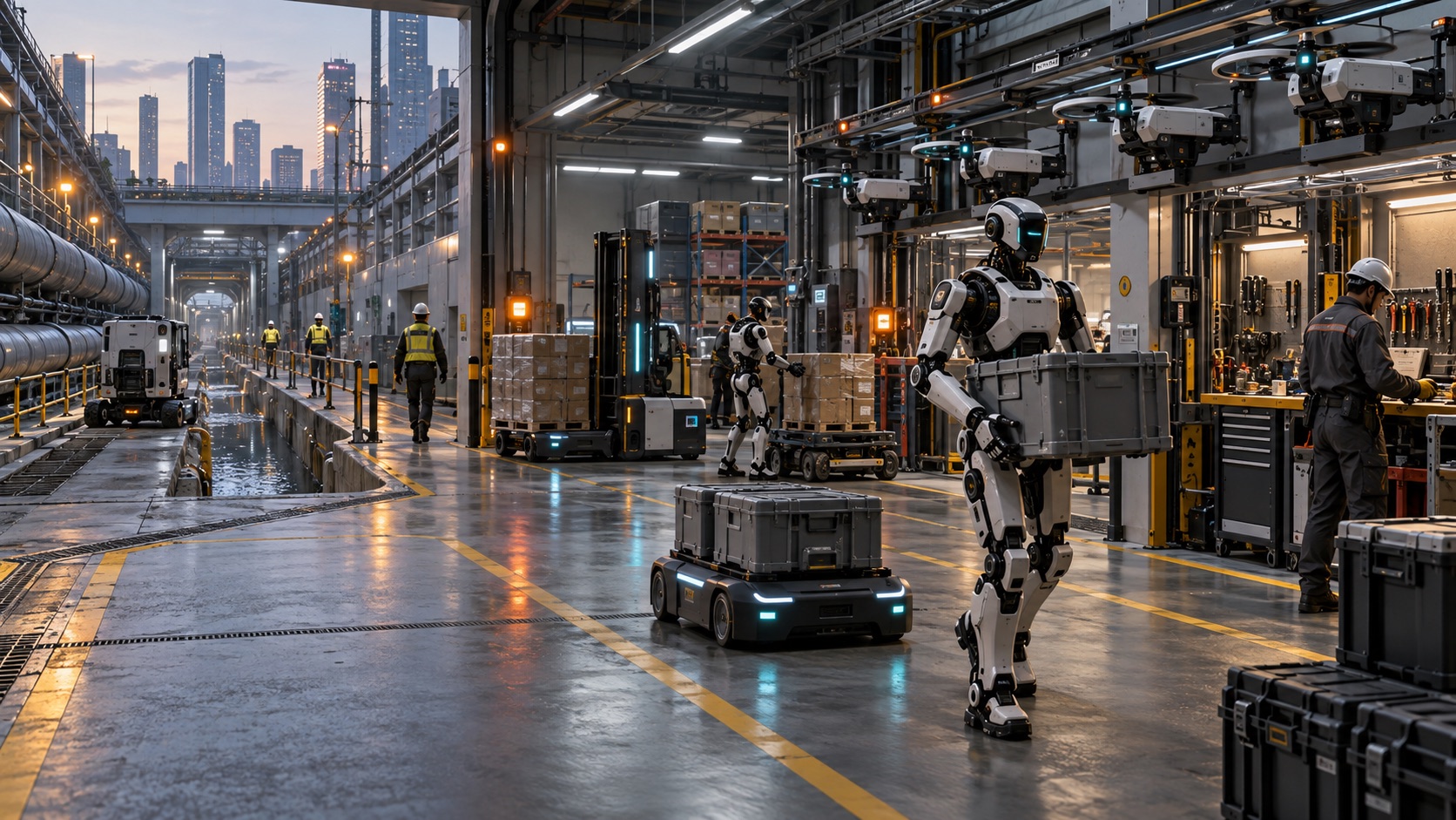 Autonomous robots operating in a city logistics and utility facility.